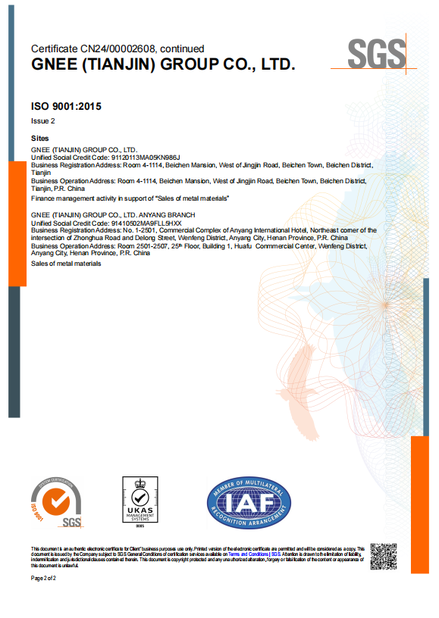 Çin Gnee Steel (tianjin) Co., Ltd Sertifikalar